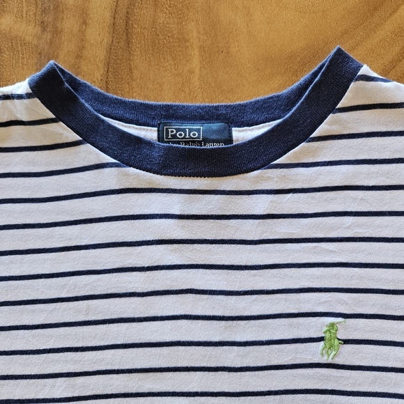 Boys Polo Ralph Lauren White Navy Blue Striped Short Sleeve Tee Size 8 - Picture 2 of 6